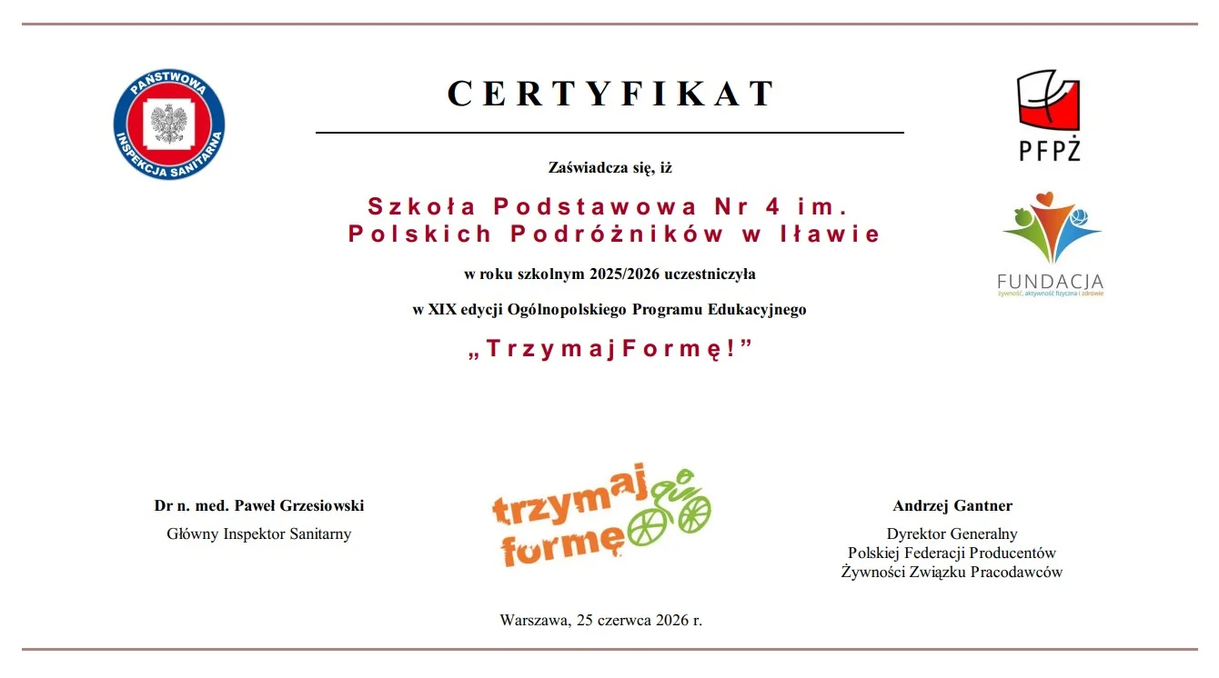Śpieszymy z informacją, że nasza szkoła otrzymała certyfikat "Trzymaj Formę!"